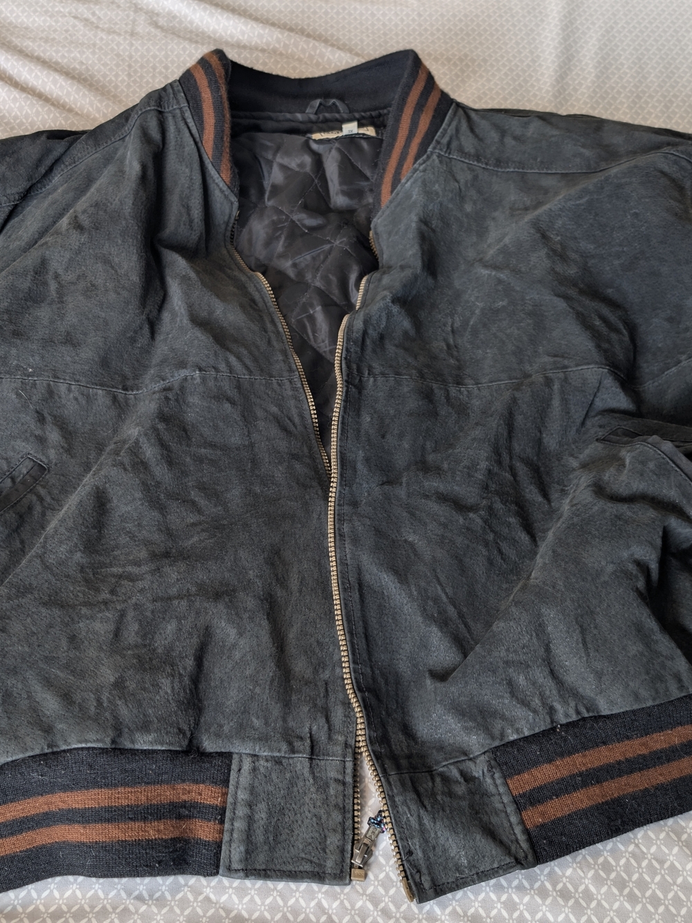 Basic Editions Black Bomber Jacket with Brown Striped Trim